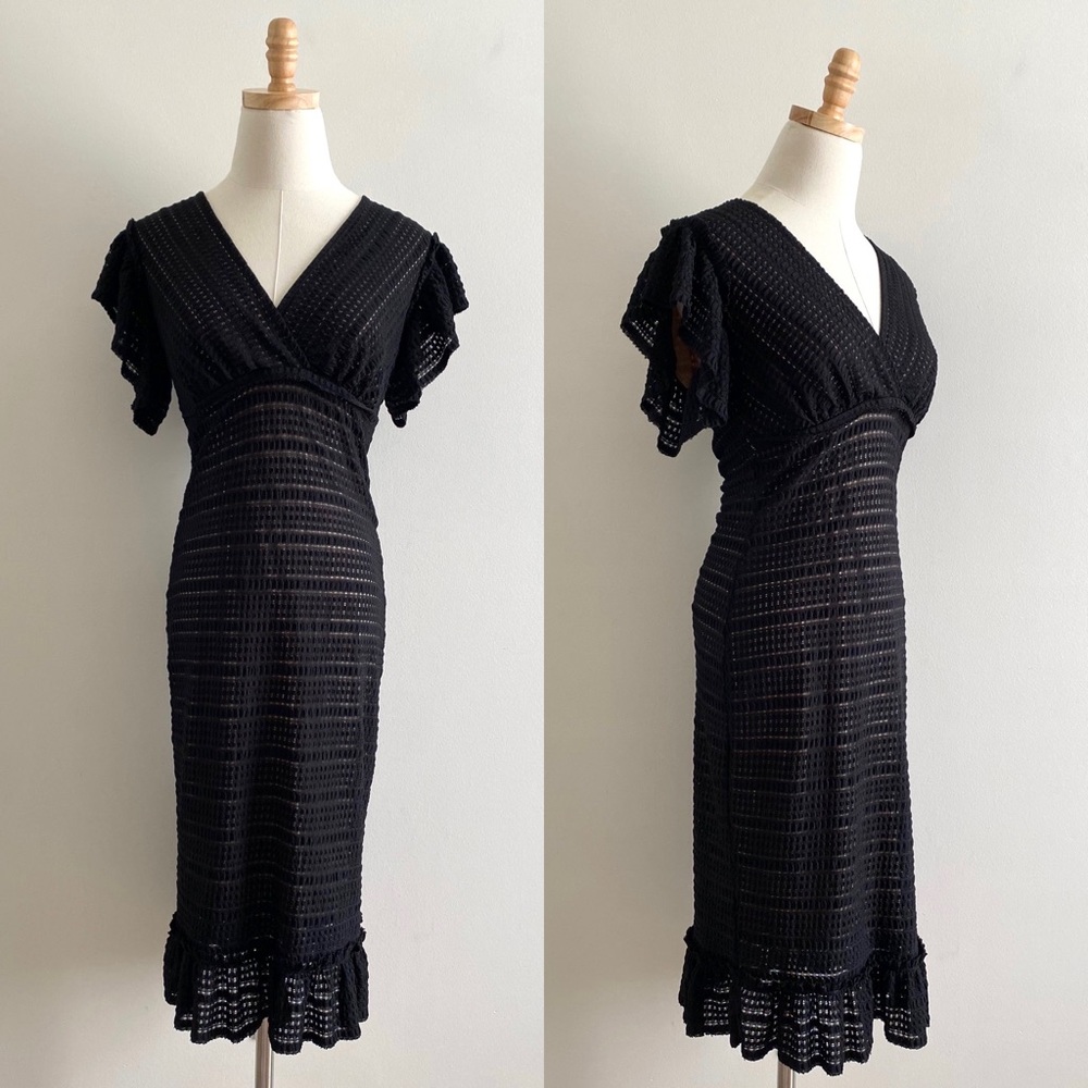 Max Studio Black Lace Ruffle Sleeve Nude Lined Dress (Size S)